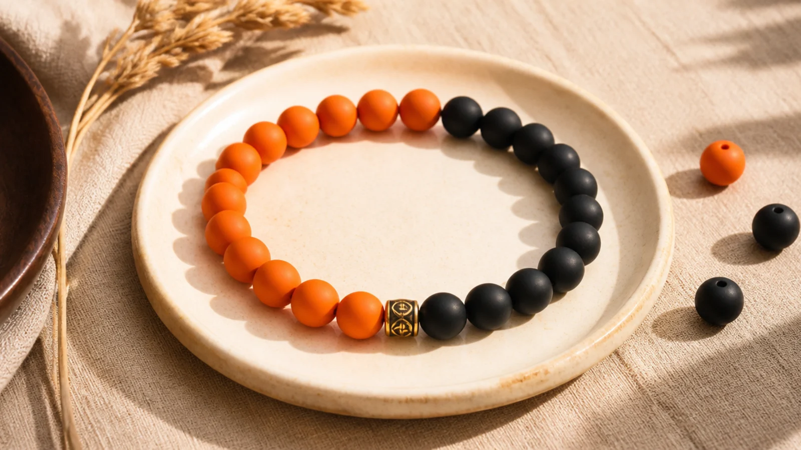 A clay bead bracelet in basketball orange and black beads in bold blocks.