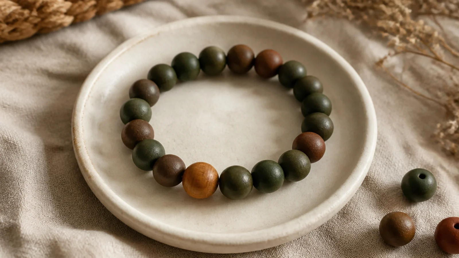 A clay bead bracelet in forest green and brown beads with a single wooden bead.