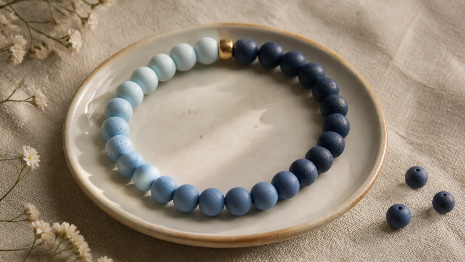 A clay bead bracelet fading from pale blue through mid blue to deep navy.