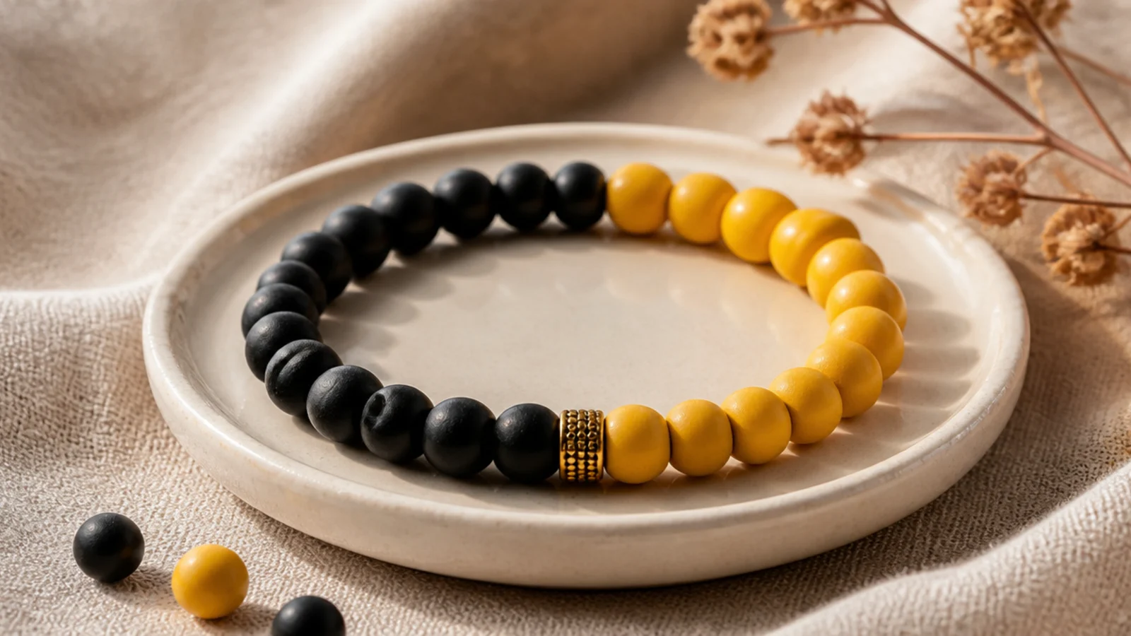 A clay bead bracelet split into two bold halves, one black and one bright yellow.