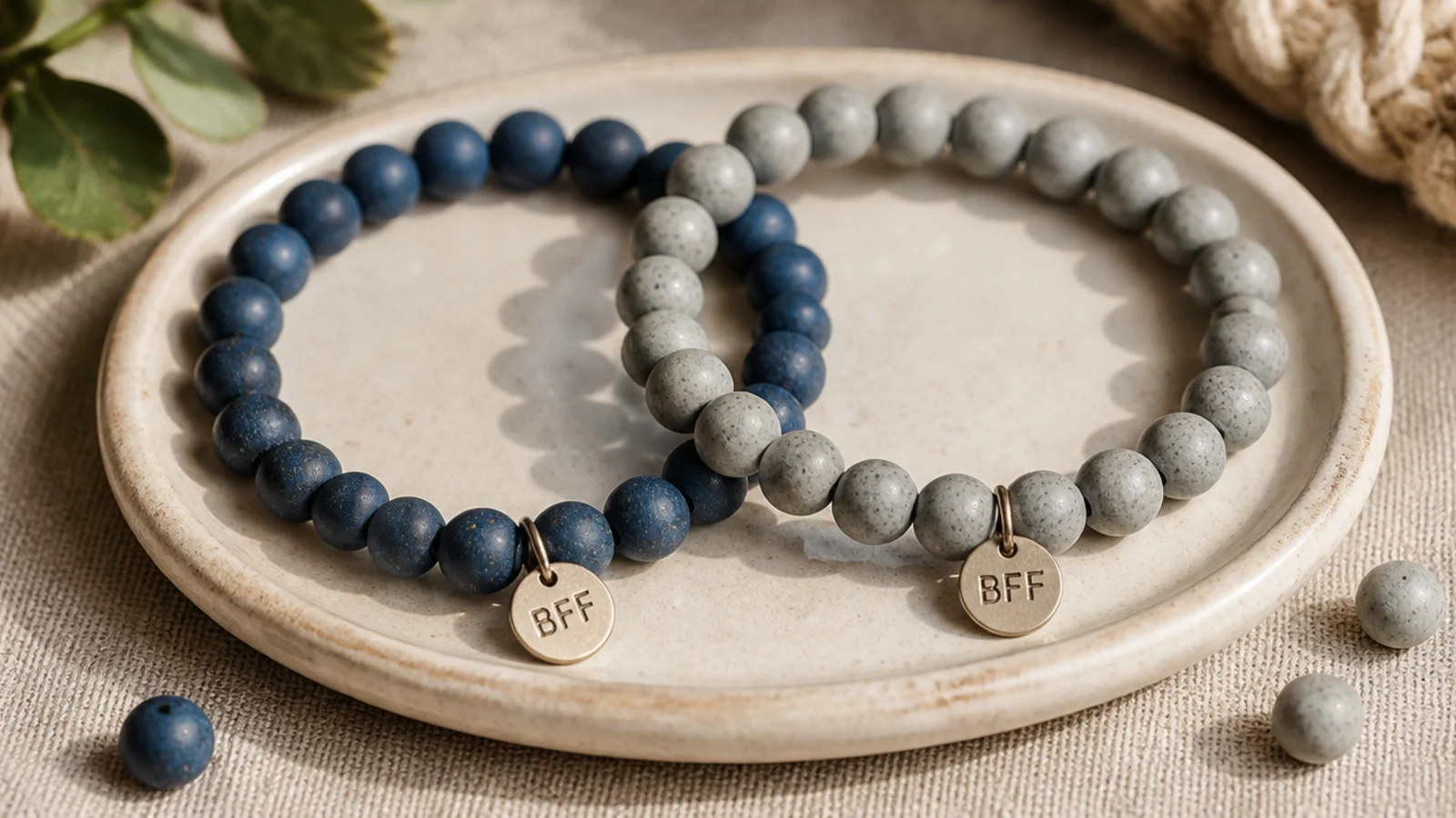 Two matching clay bead bracelets in navy and grey shown side by side for two friends.