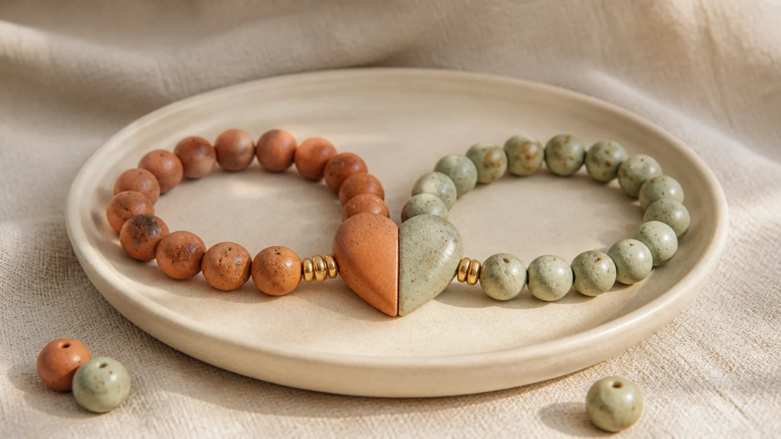 Two clay bead bracelets side by side, each holding one half of a heart focal bead that forms a whole heart together.