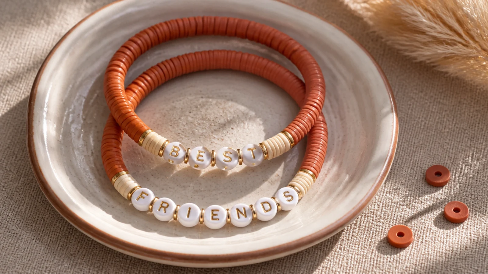 Two clay bead bracelets, one spelling BEST and one spelling FRIENDS in white letter beads on a matching base.