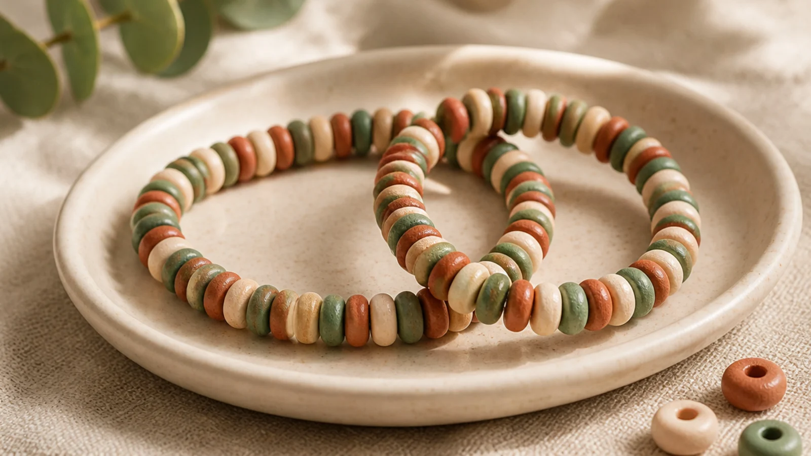 Two identical clay bead bracelets in the same sage, cream, and terracotta pattern shown side by side.