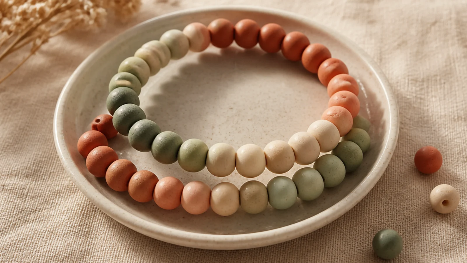 Two clay bead bracelets with the same gradient running in opposite directions so they mirror each other.