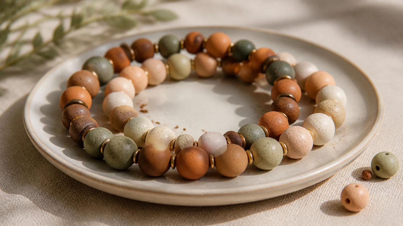 Two clay bead bracelets in the same palette, one in darker muted tones and one lighter, shown as a pair.