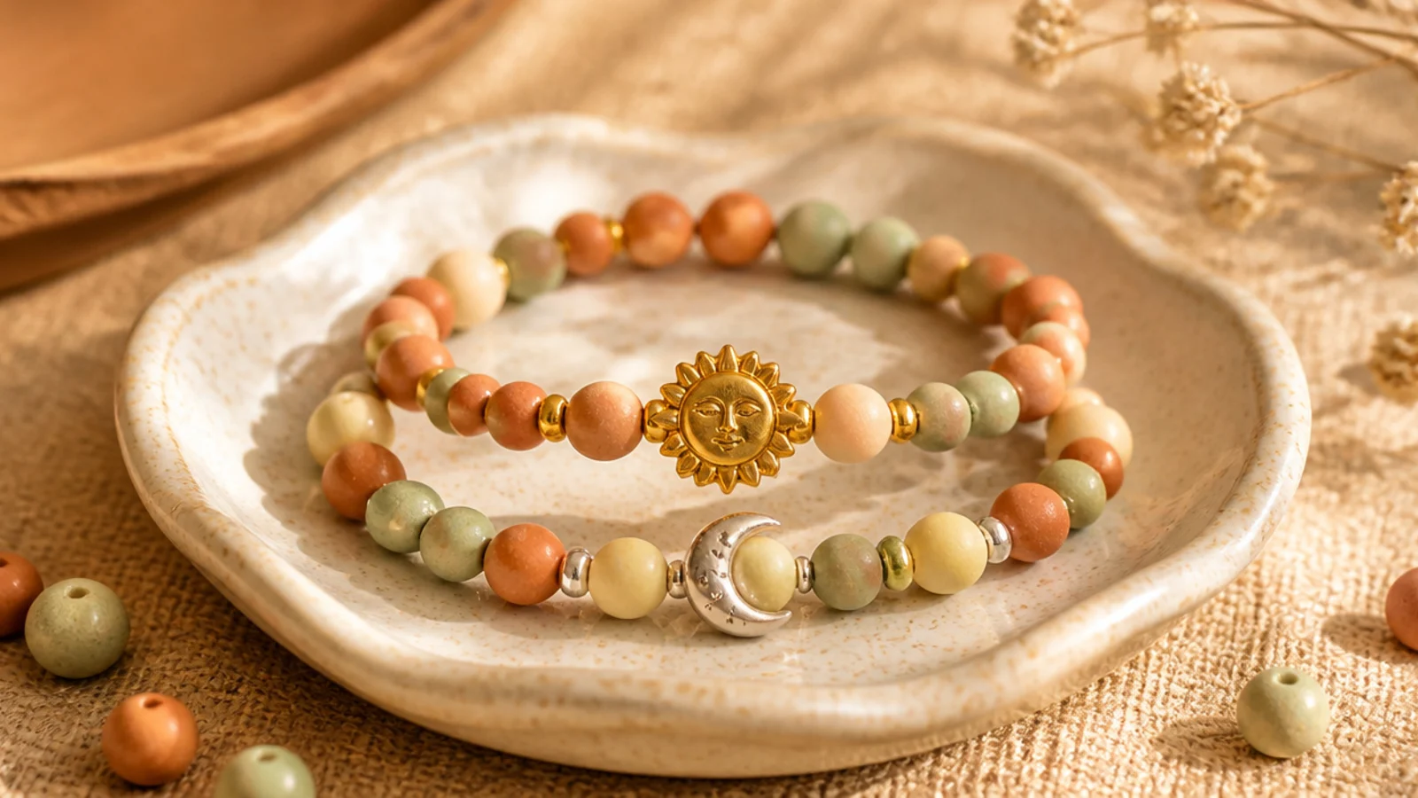 Two clay bead bracelets, one with a gold sun focal bead and one with a silver crescent moon, on matching bases.