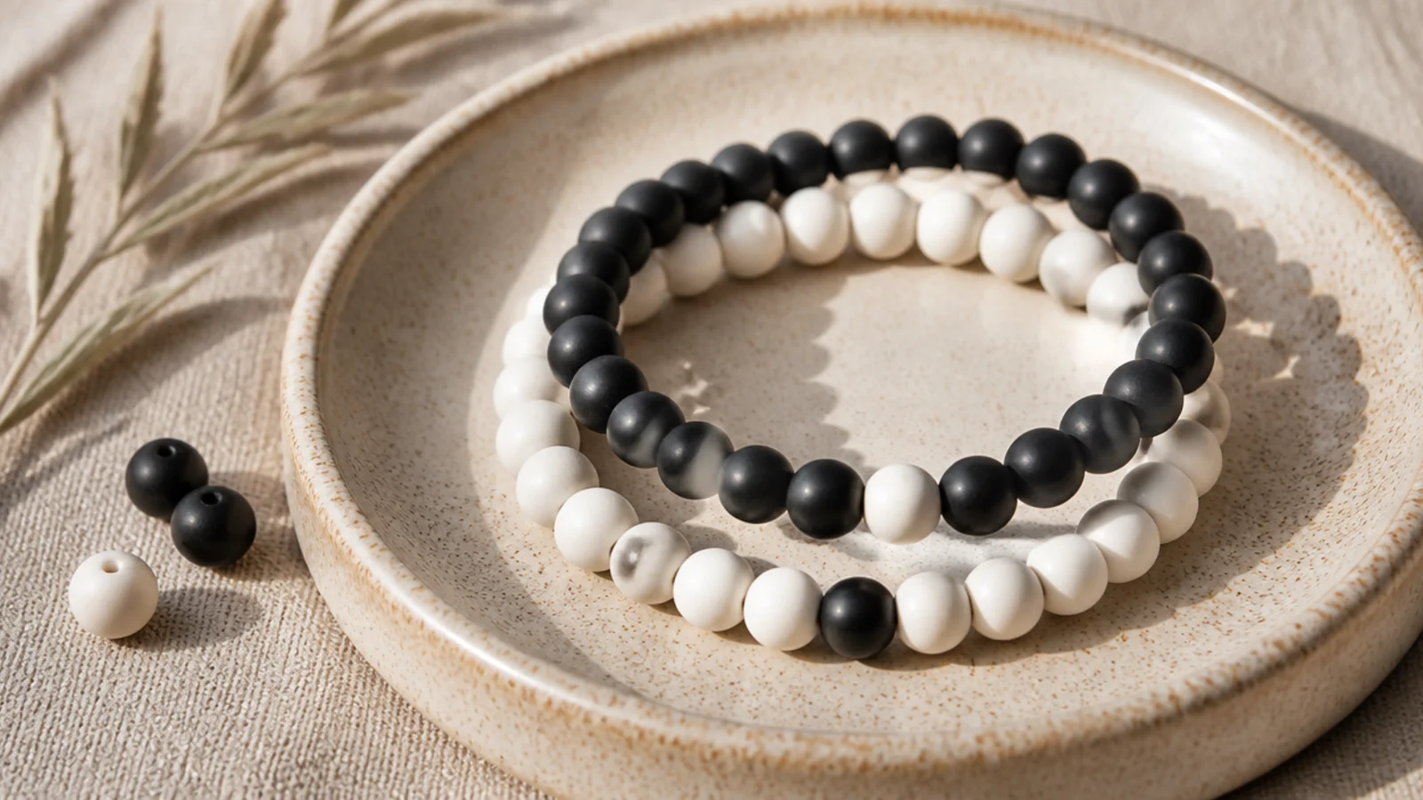 Two clay bead bracelets, one mostly black with a white bead and one mostly white with a black bead, as a pair.