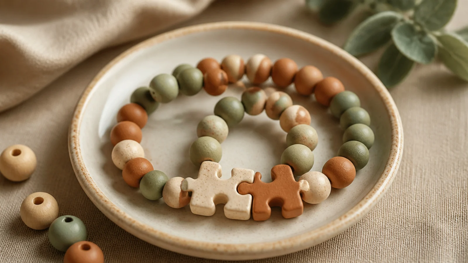 Two clay bead bracelets, each with a puzzle-piece focal bead that interlocks with the other's.