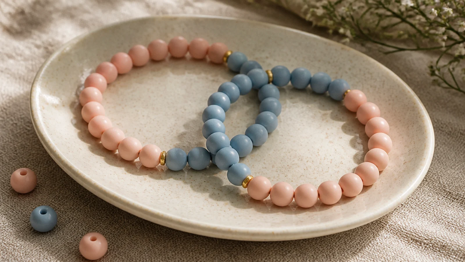 Two clay bead bracelets in the same two colors but with the halves swapped, pink-then-blue and blue-then-pink.