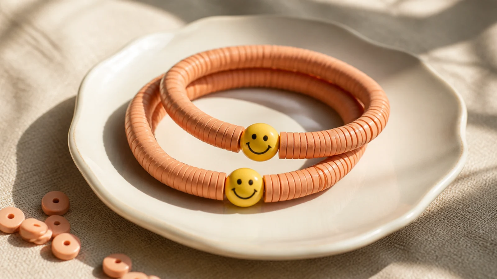 Two identical clay bead bracelets each with a single yellow smiley-face bead on a matching bright base.