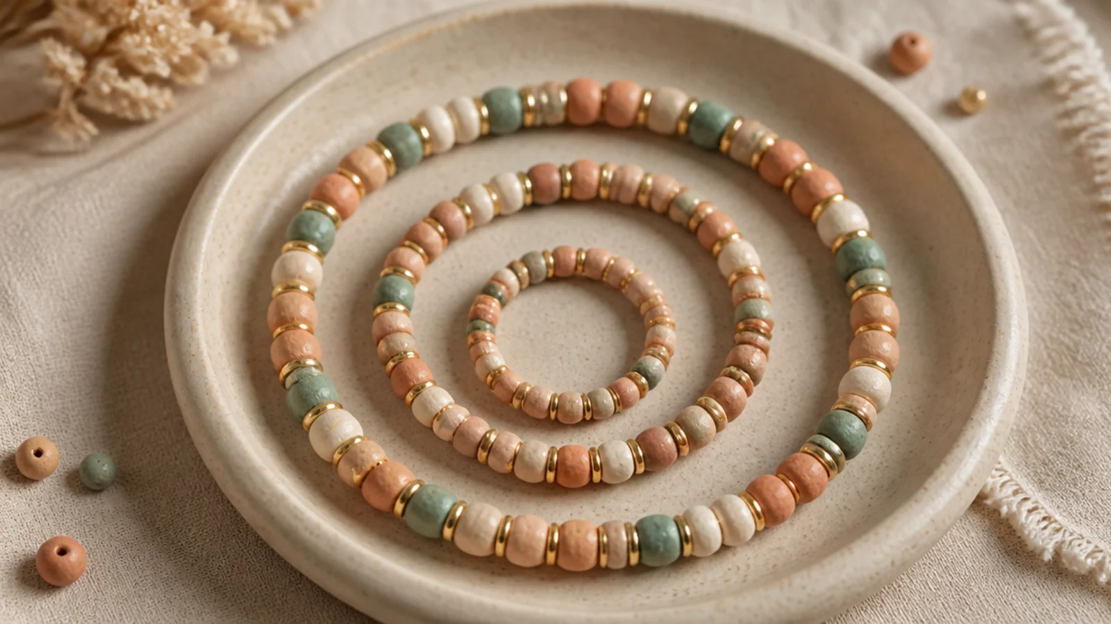A set of clay bead bracelets in the same design shown in three sizes from small child to adult.