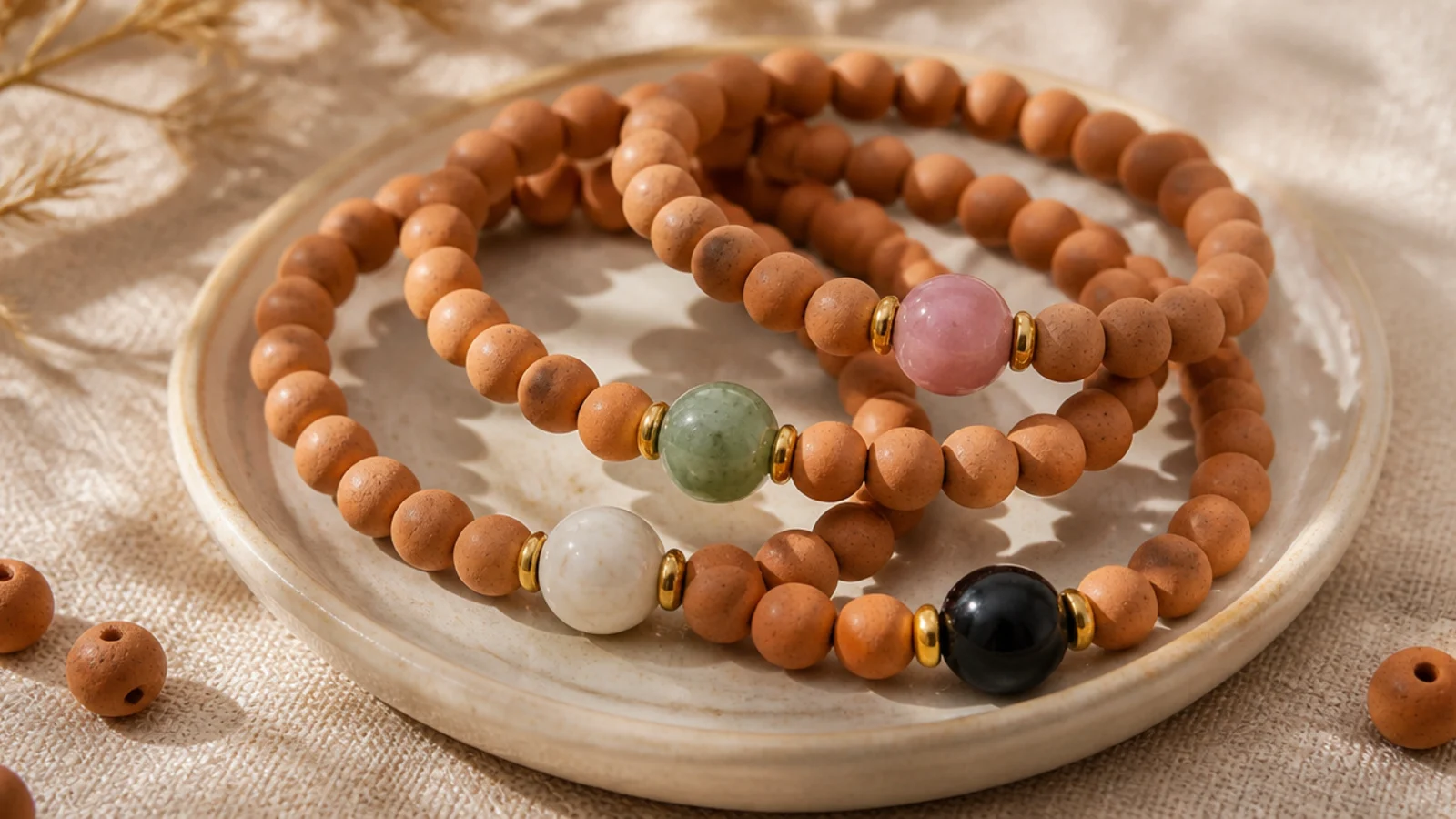 Four clay bead bracelets on the same sage base, each with a different colored focal bead.