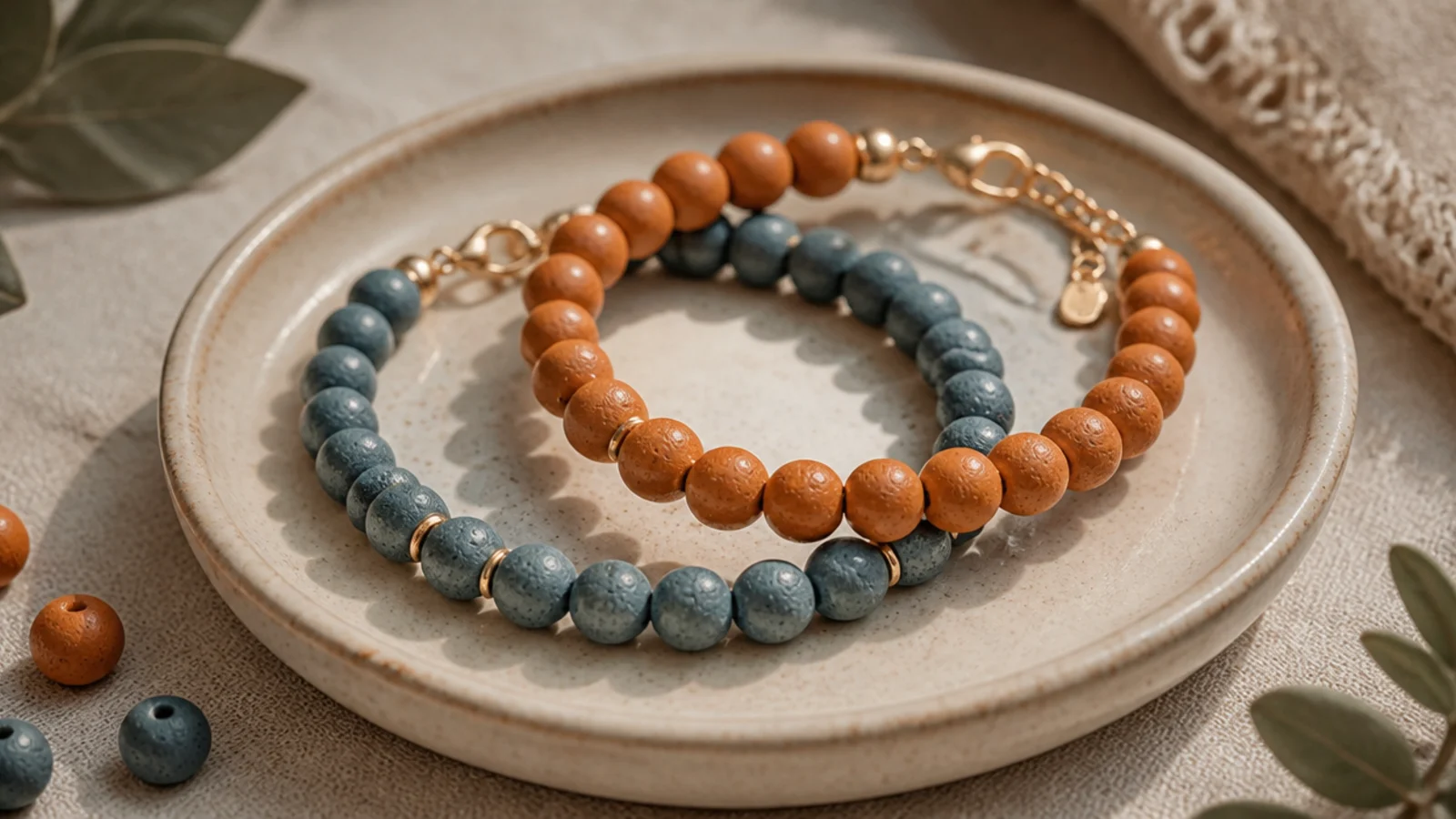 Two clay bead bracelets in complementary colors, one warm orange and one cool blue, designed as a pair.