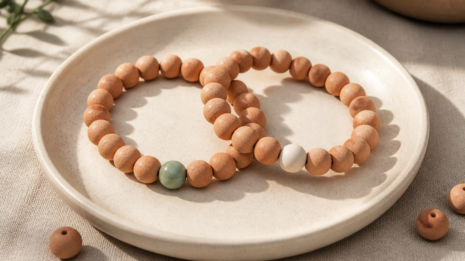 Two nearly identical clay bead bracelets, alike except for one single different-colored bead on each.