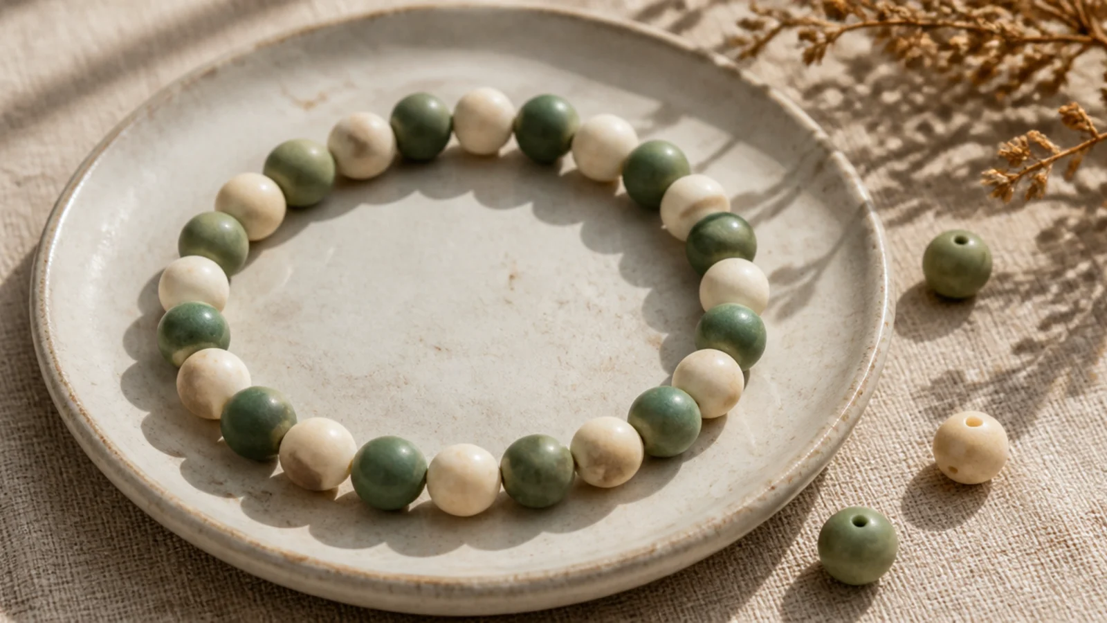 A clay bead bracelet alternating single beads of cream and sage green all the way around.