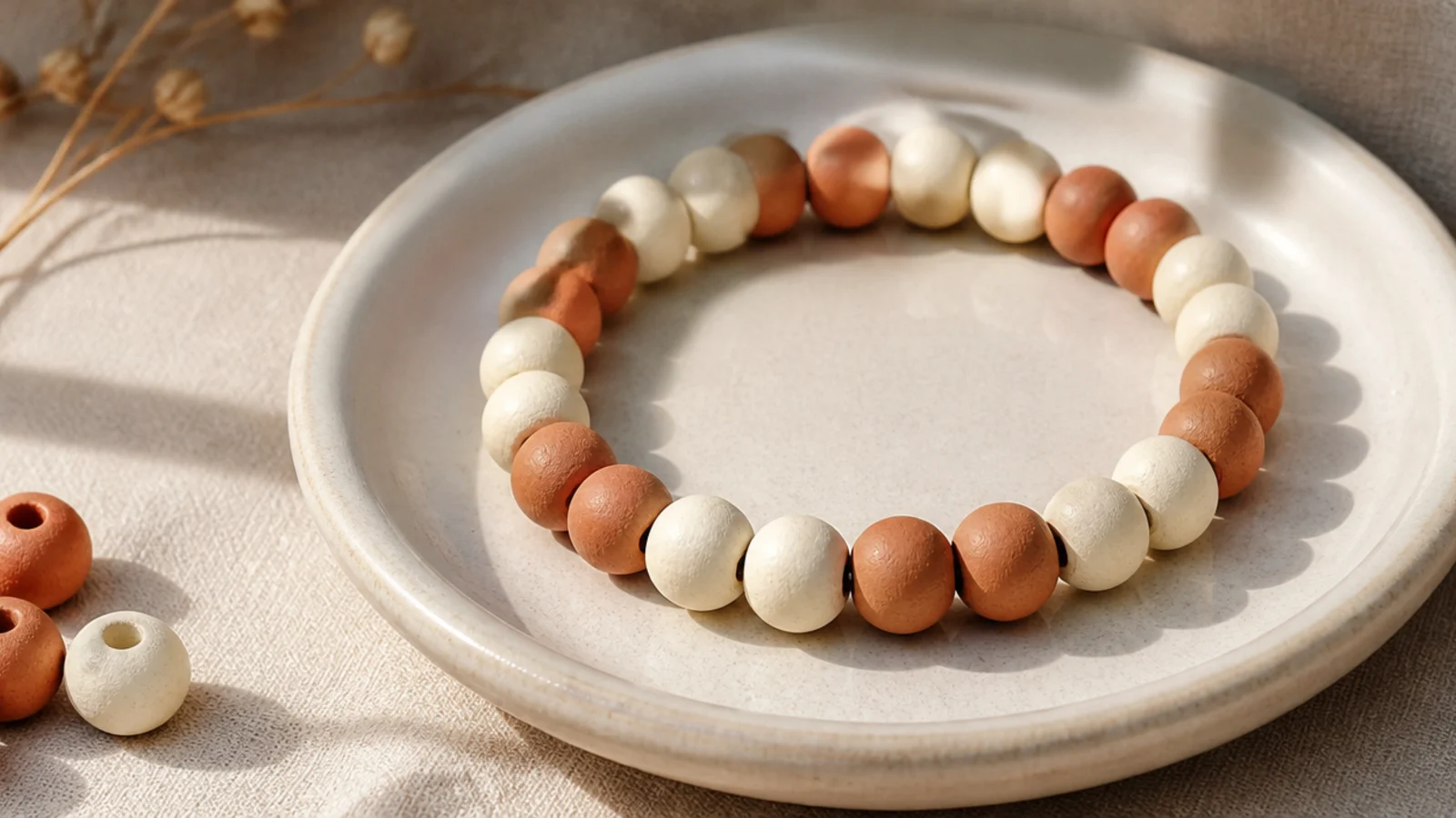A clay bead bracelet in a repeating pattern of two terracotta beads then two cream beads around the band.