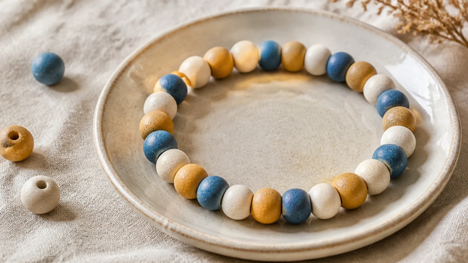 A clay bead bracelet repeating a sequence of one dusty blue, one cream, and one mustard bead around the band.