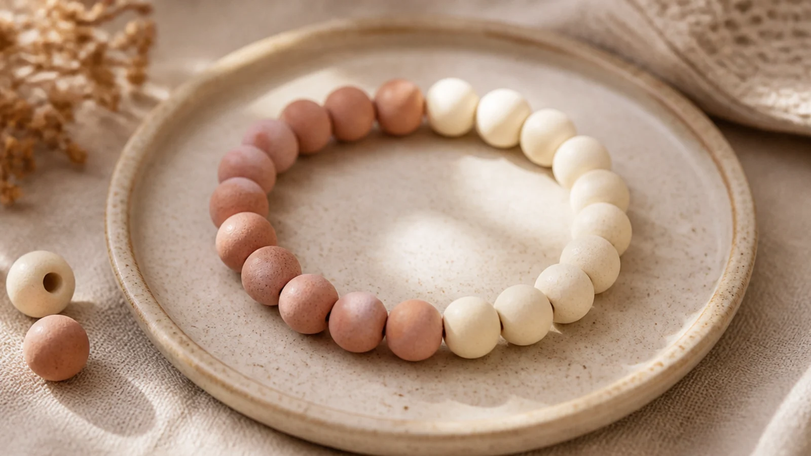 A clay bead bracelet split into two equal color blocks, one half blush and one half cream.