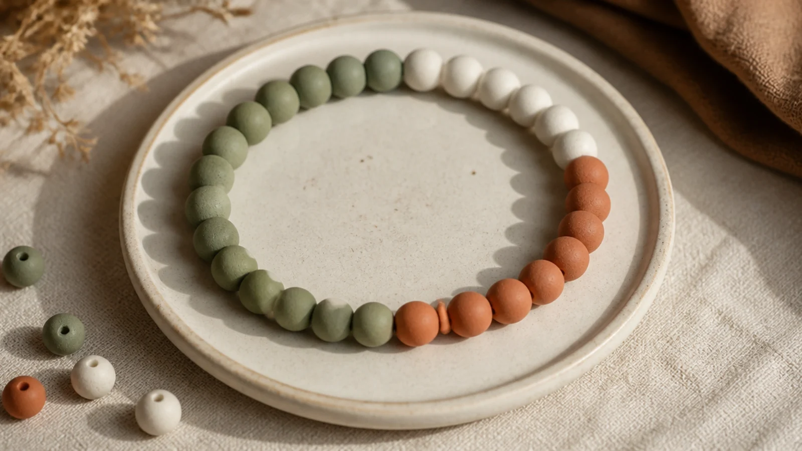 A clay bead bracelet in three equal blocks of sage, cream, and terracotta around the band.