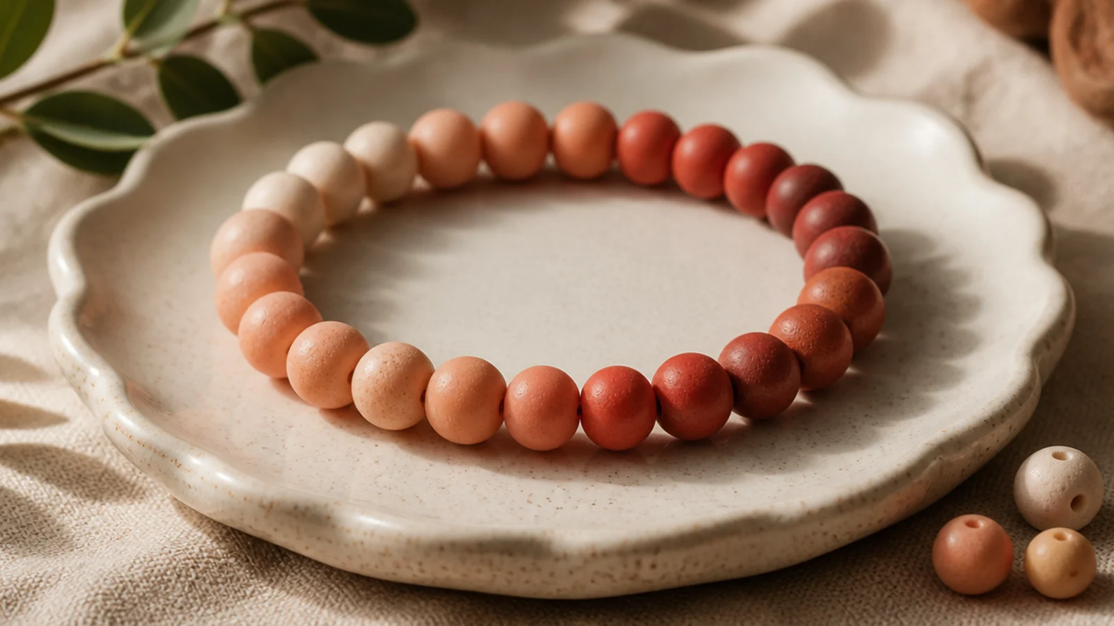 A clay bead bracelet fading smoothly from pale peach through coral to deep terracotta and back.