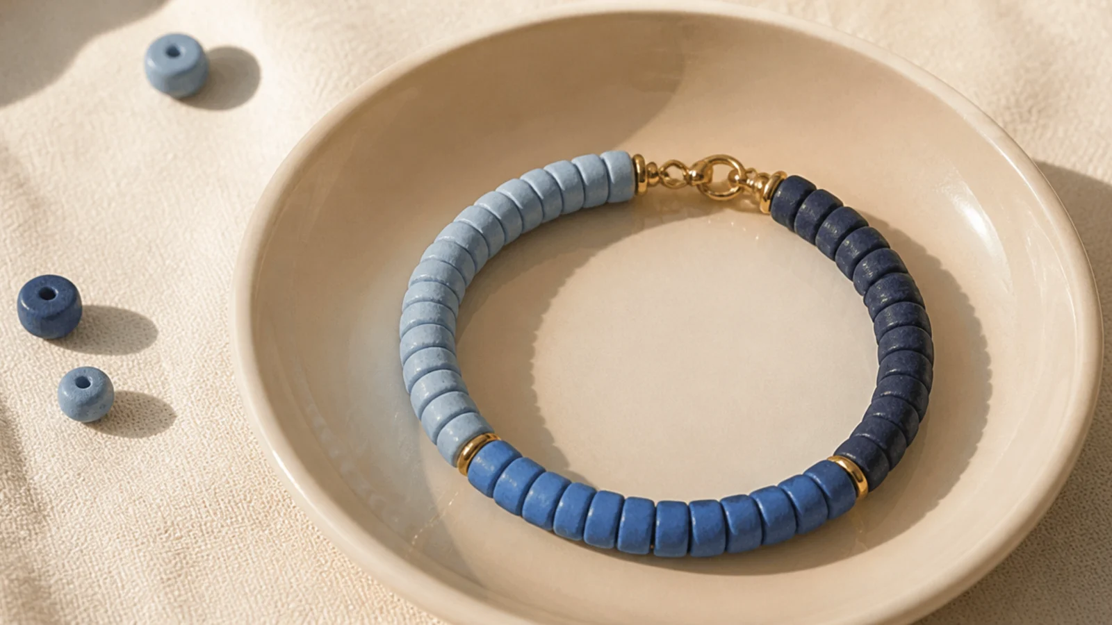 A clay bead bracelet in stepped blocks shifting from light blue to navy in even sections.
