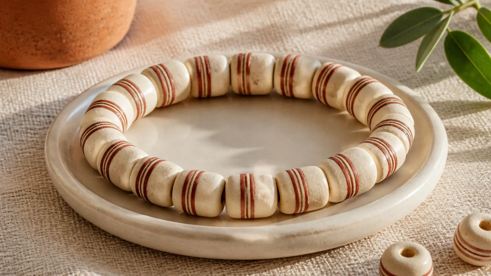 A cream clay bead bracelet with three evenly spaced thin terracotta stripes wrapping the band.