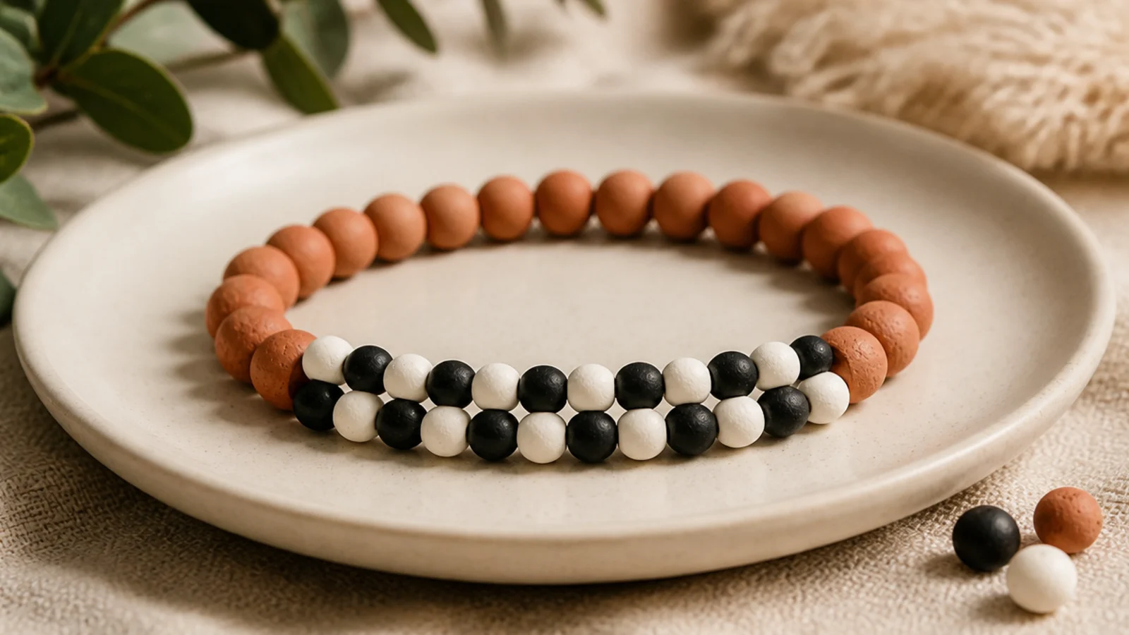 A clay bead bracelet with a checkerboard-look band of black and white paired beads across the front.