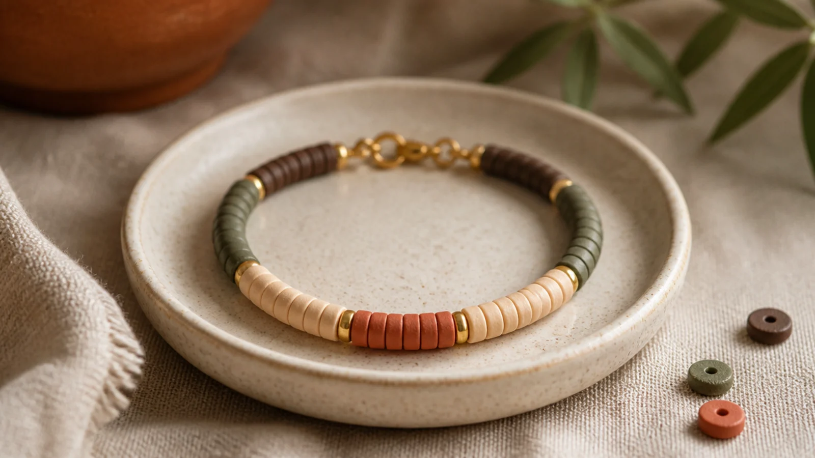 A clay bead bracelet with a centered focal color flanked by mirrored bands of color on each side.