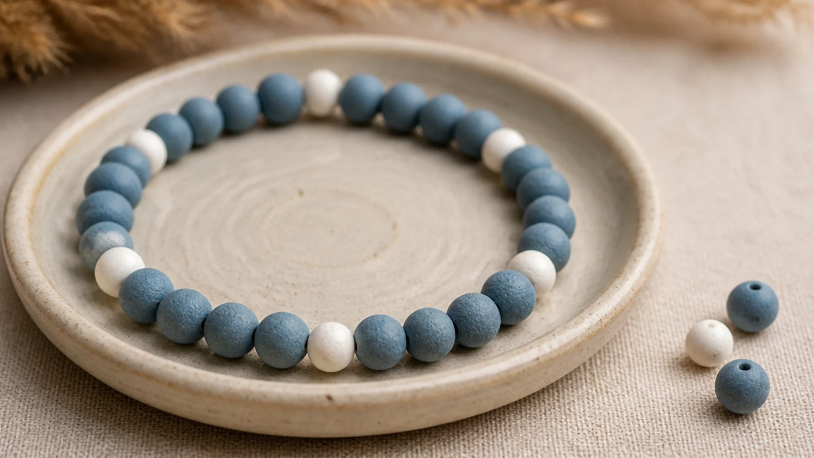 A dusty blue clay bead bracelet with single white accent beads spaced evenly like polka dots.