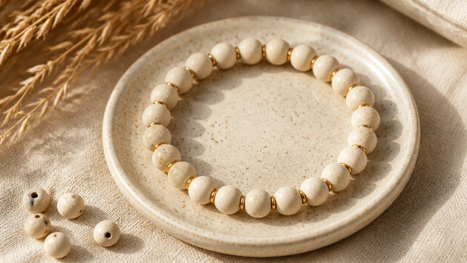 A cream clay bead bracelet with tiny gold spacers placed at even intervals creating a rhythmic pattern.