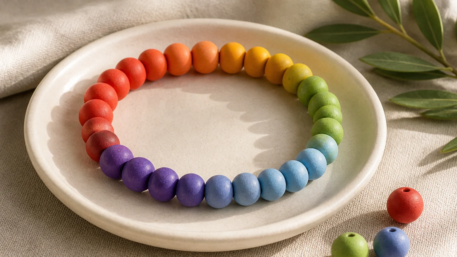 A clay bead bracelet repeating a full rainbow sequence of six colors around the band.