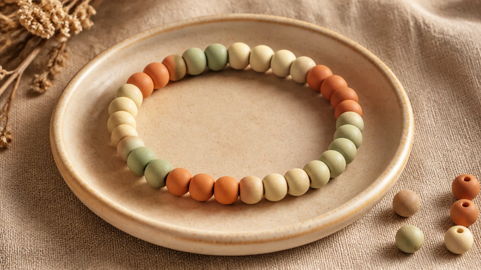 A clay bead bracelet where color blocks grow in a one-two-three counted rhythm around the band.