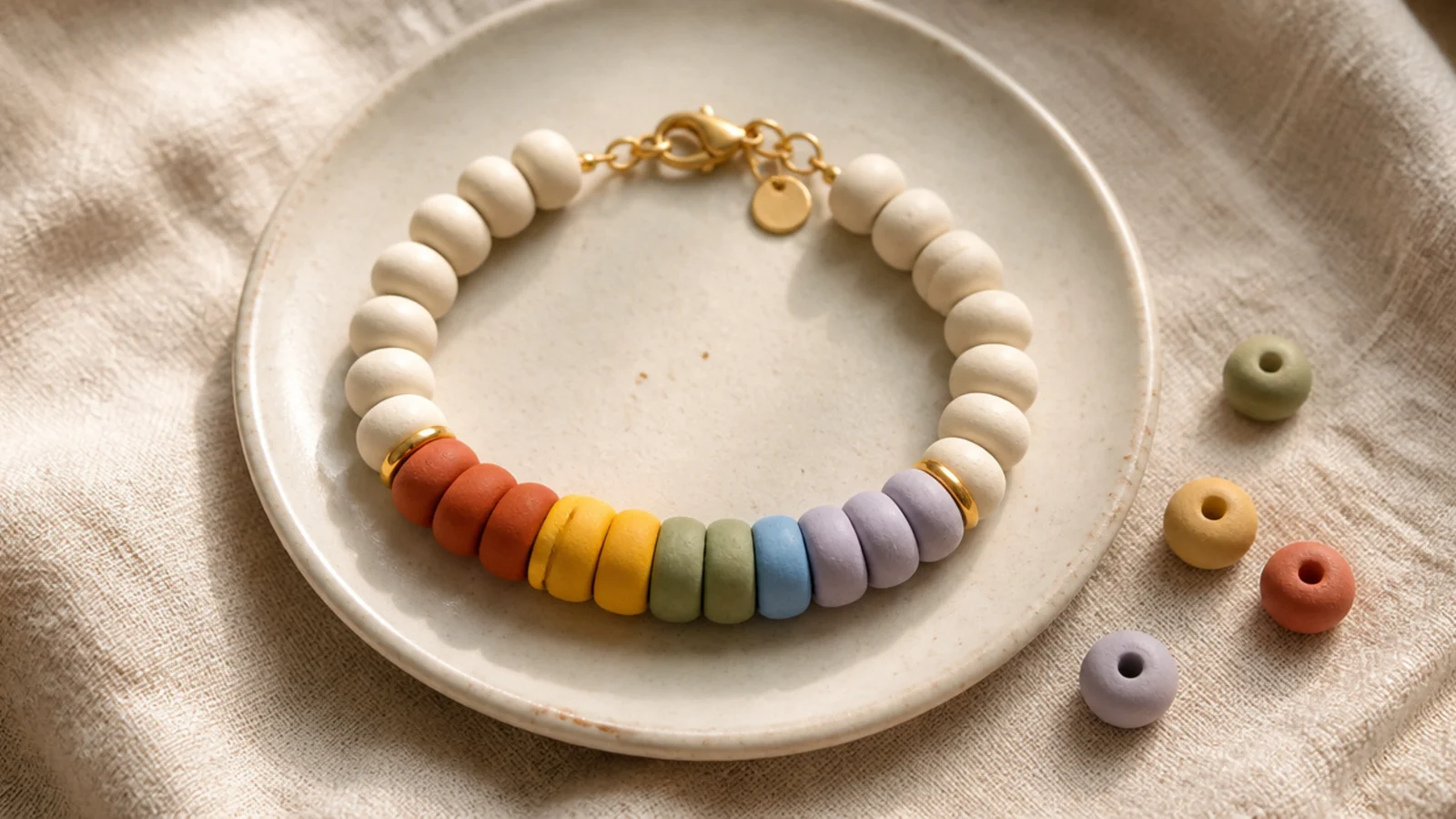 A clay bead bracelet with the rainbow shown as clean equal color blocks rather than single beads.