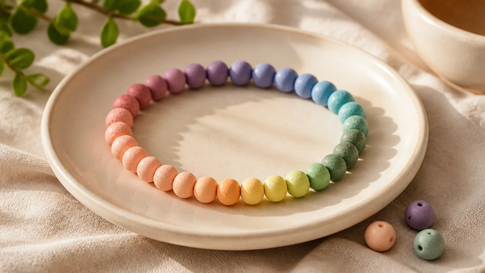 A clay bead bracelet flowing through the rainbow with each color fading into the next.