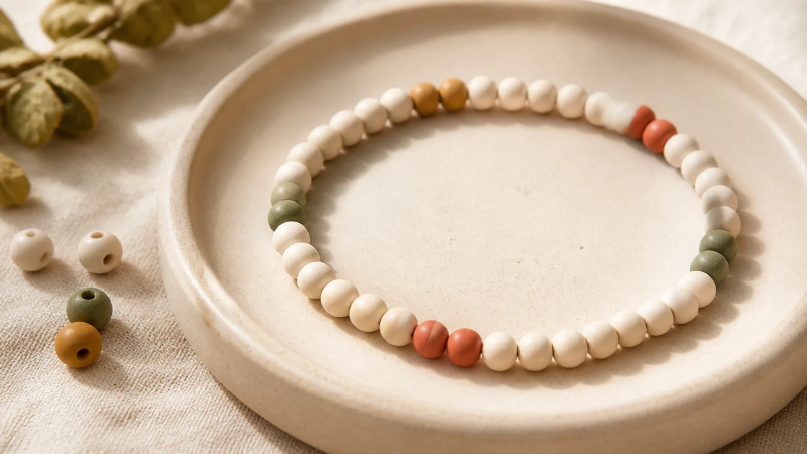 A cream clay bead bracelet with evenly spaced small clusters of three colored beads around the band.