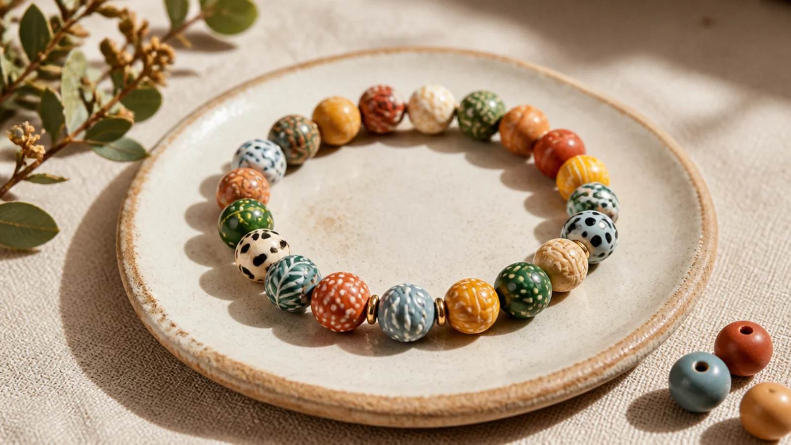 A clay bead bracelet in a lively multicolor mix with no two identical beads touching.