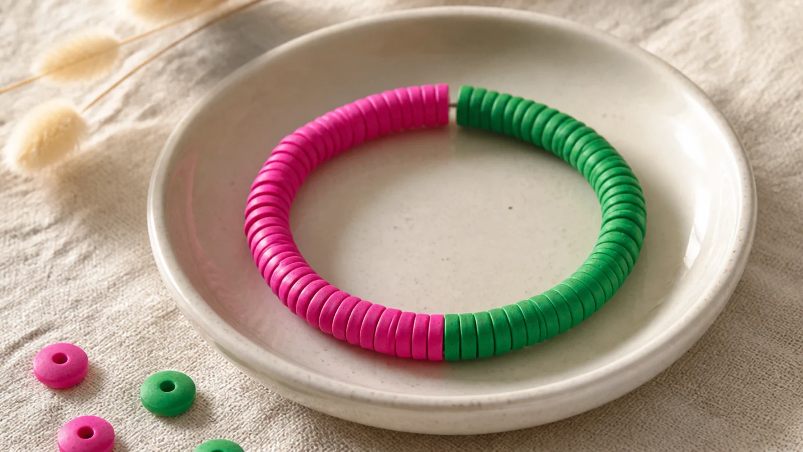 A clay bead bracelet split into two bold color blocks, half hot pink and half kelly green, meeting at the front.