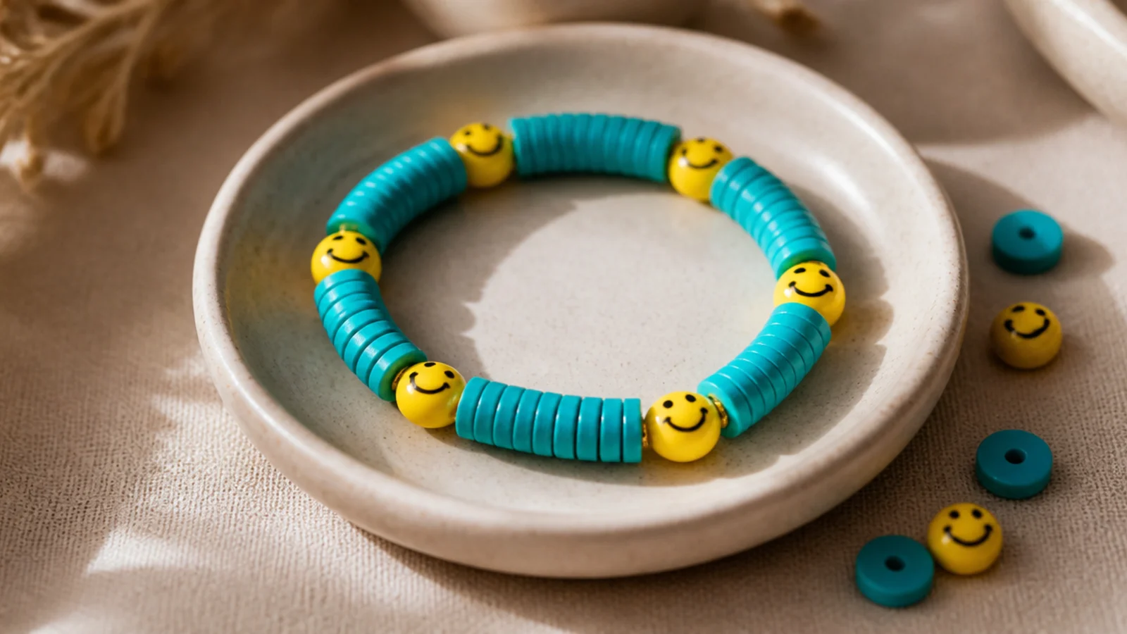 A bright turquoise clay bead bracelet with several yellow smiley-face beads spaced around the band.