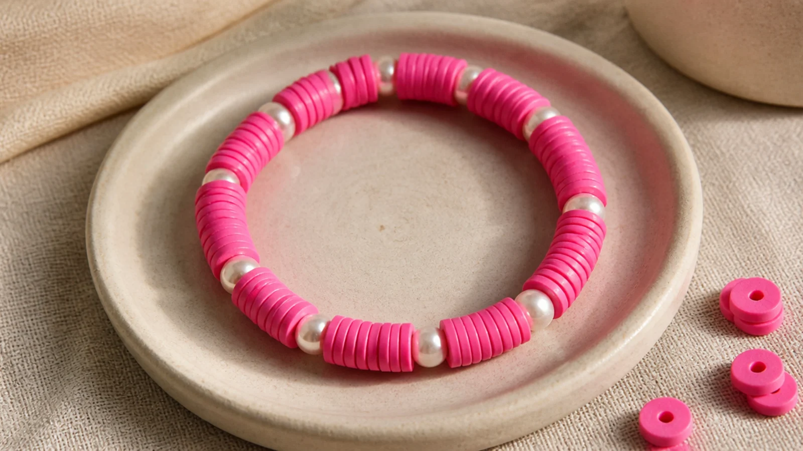 A bright pink clay bead bracelet with small round white pearls spaced evenly among the discs.
