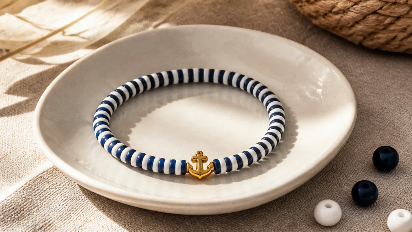 A clay bead bracelet in crisp navy and white stripes with a small gold anchor bead accent.