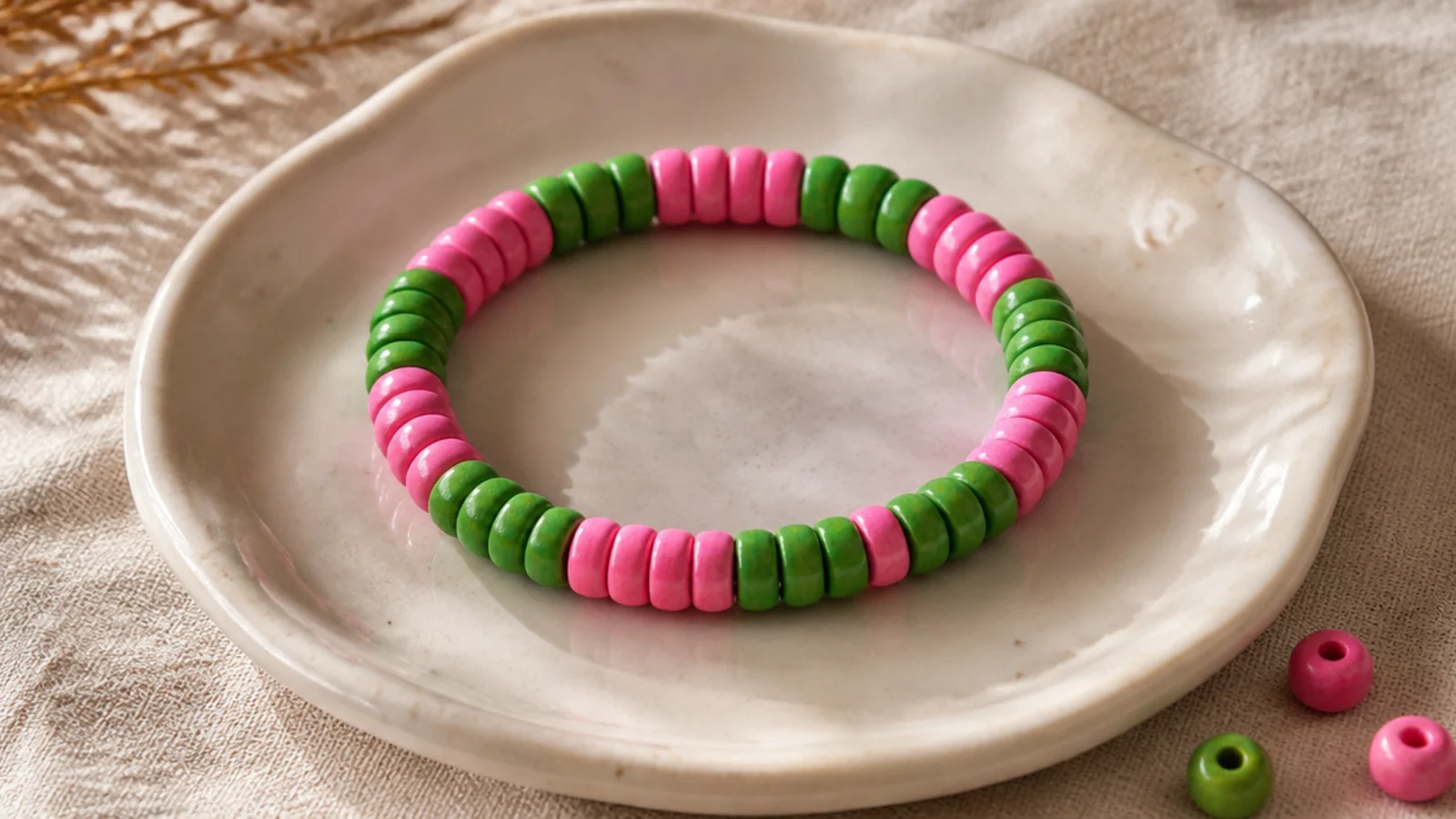 A clay bead bracelet alternating bright kelly green and hot pink beads in short blocks.