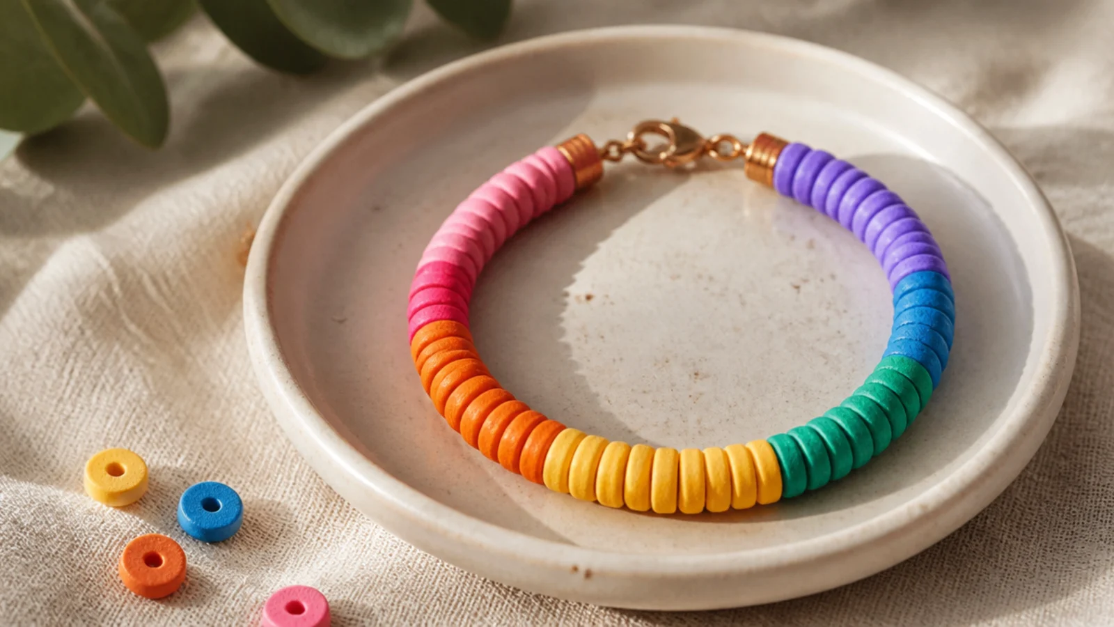 A clay bead bracelet in bold rainbow color blocks, each color in a clean segment around the band.