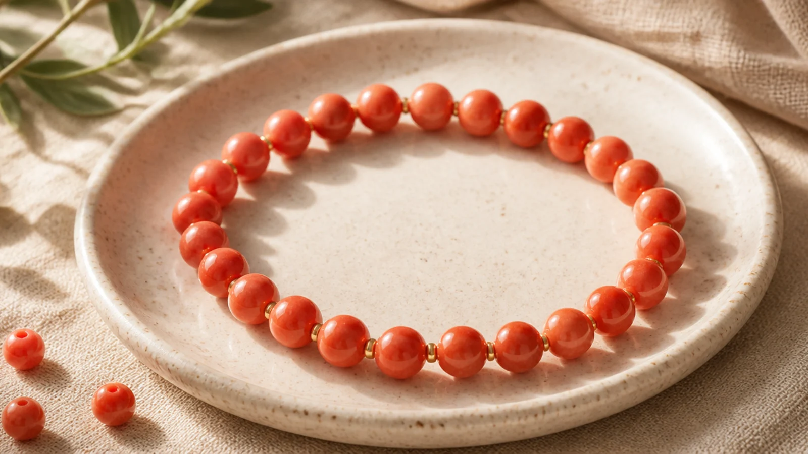 A bright coral clay bead bracelet with gold spacer beads placed evenly throughout.