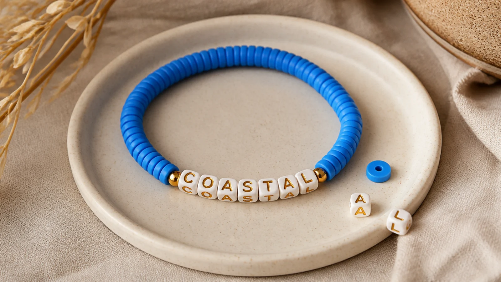 A bright blue clay bead bracelet spelling a short preppy word in white letter beads across the front.