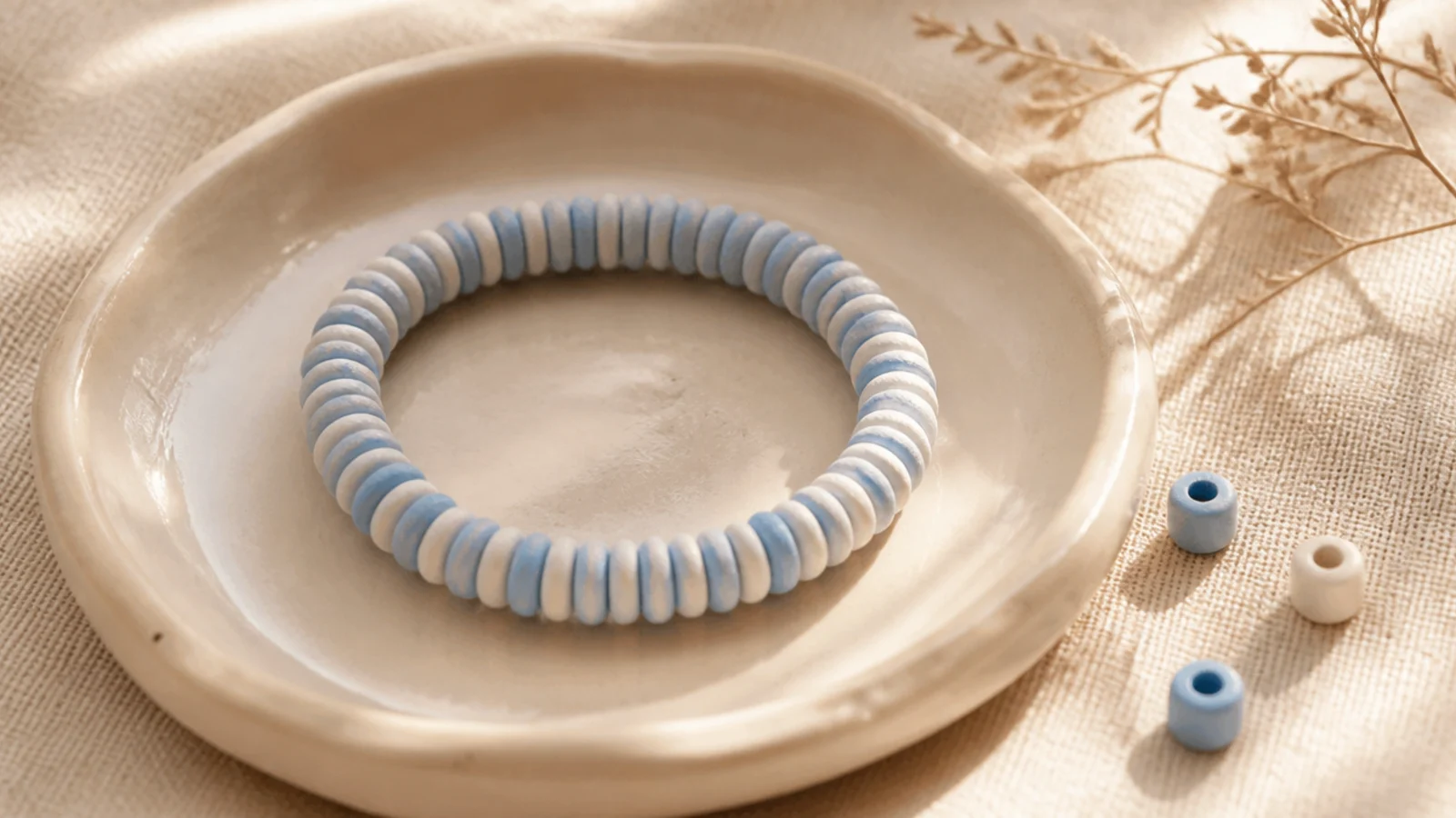 A clay bead bracelet in soft seersucker blue and white in a fine alternating pattern.