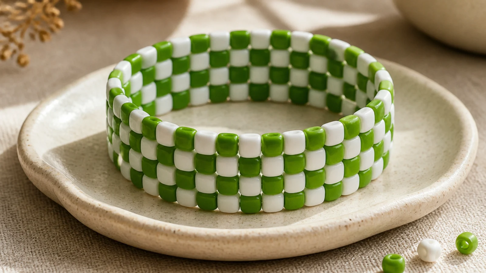 A clay bead bracelet with a checkerboard band of bright green and white squares around the middle.