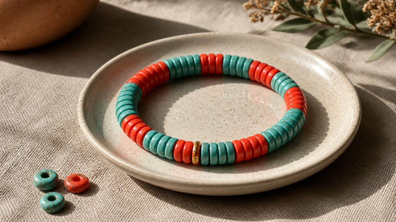 A clay bead bracelet alternating bright coral and turquoise beads in short blocks with a gold spacer accent.