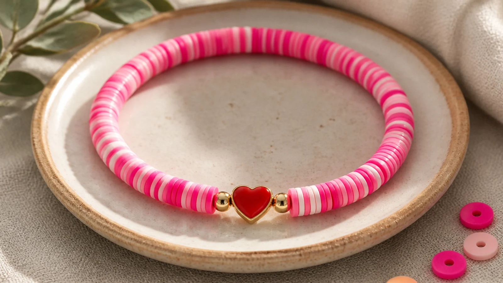 A bright pink and white clay bead bracelet with a single red enamel heart bead centered on the front.