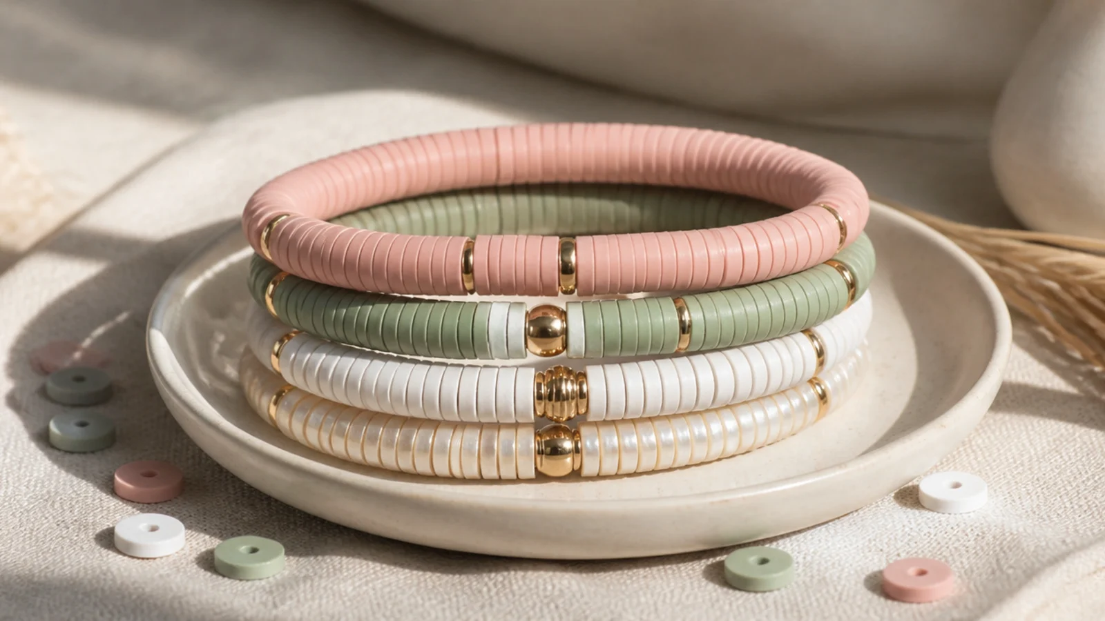 Four coordinating preppy clay bead bracelets in pink, green, white, and pearl shown stacked together.